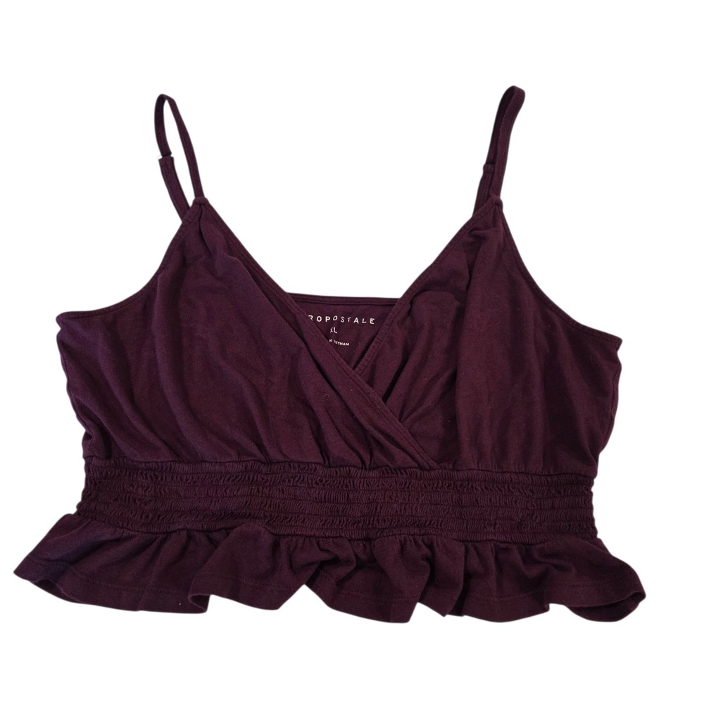 Aeropostale Cropped Top Womens Burgundy XL Spaghetti Strap V Neck Ruffle Smocked